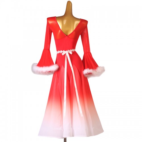Women girls red gradient feather competition ballroom dance dress waltz tango flare sleeves long length foxtort smooth dance gown for lady